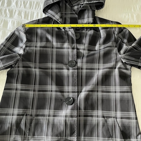PIZAZZ Spring Jacket Detachable Hood Black Grey Plaid Button Front Neutral - Picture 13 of 16